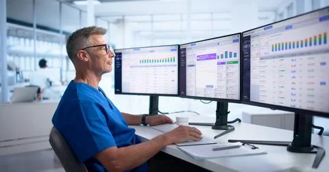 Pharmacist Reviews Medication Inventory On Computer Ensuring Accurate Patient Stock Photos