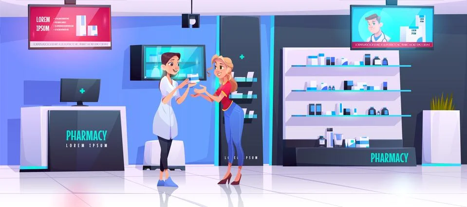 Pharmacist serves client in pharmacy イラスト素材