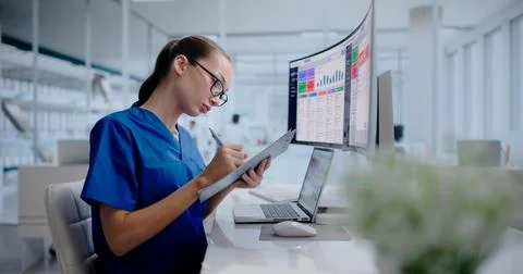 Pharmacist Tracks Medication Stock Using Digital Software On Laptop. Stock Photos