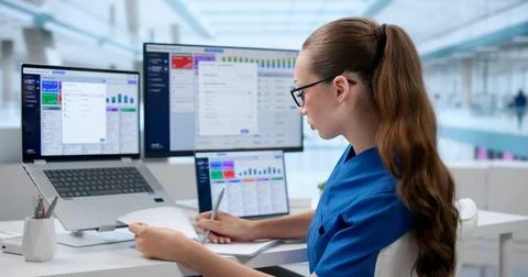 Pharmacist Updates Medication Records On Computer To Ensure Proper Stock Leve Stock Photos