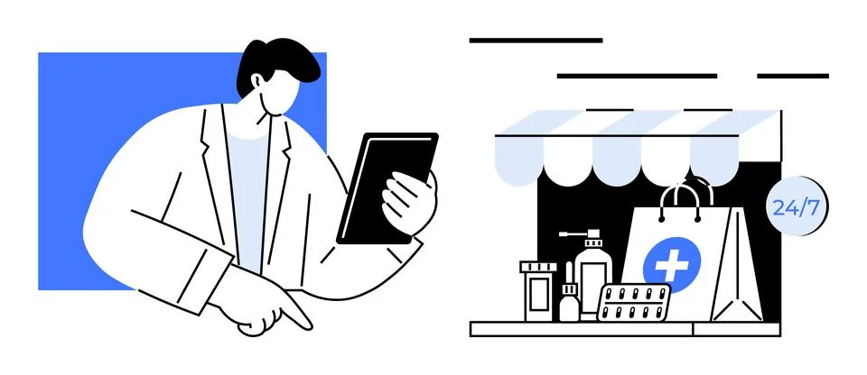 Pharmacist Using Digital Tablet for Online Pharmacy and 24 7 Medication Acces Stock Illustration