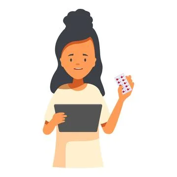 Pharmacist using tablet and holding pills is giving online advice 스톡 일러스트