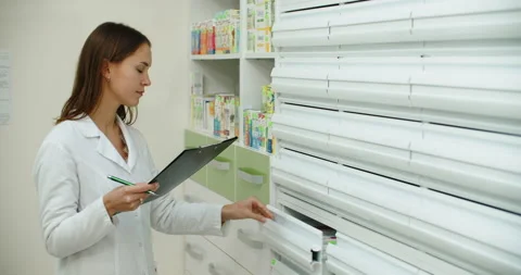 Pharmacist woman is recording data. Checking the medicine. Stock Footage 167854101
