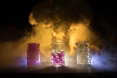 Pharmacy and chemistry theme. Test glass flask with solution in research labo Stock Photos