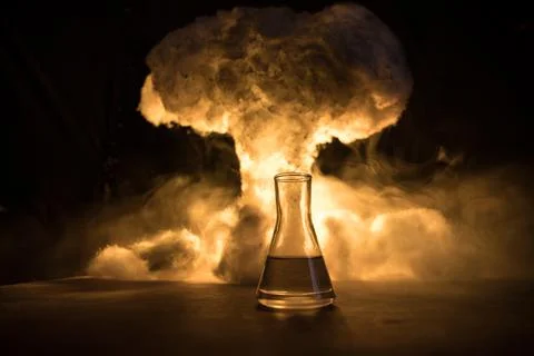 Pharmacy and chemistry theme. Test glass flask with solution in research labo Stock Photos