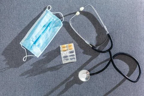 Pharmacy background on a white table. Tablets on a white background. Pills Stock Photos