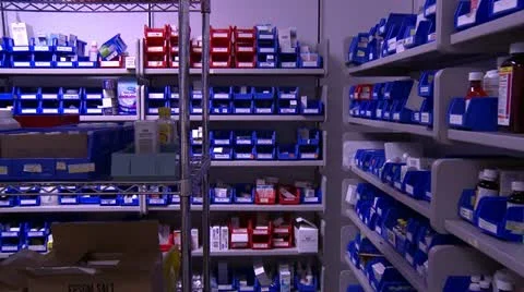 Pharmacy bin storage shelves Stock Footage 10903270