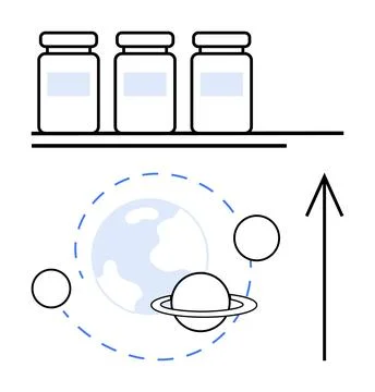Pharmacy Bottles and Planetary Orbit Elements with Arrow Indicating Upward .. Illustrazione stock