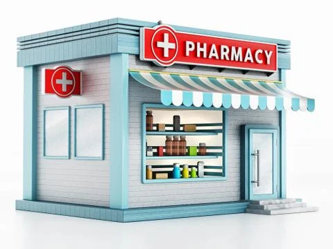 Pharmacy building isolated on white background. 3D illustration Ilustración de archivo