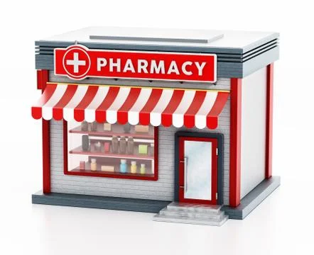 Pharmacy building isolated on white background. 3D illustration Ilustración de archivo