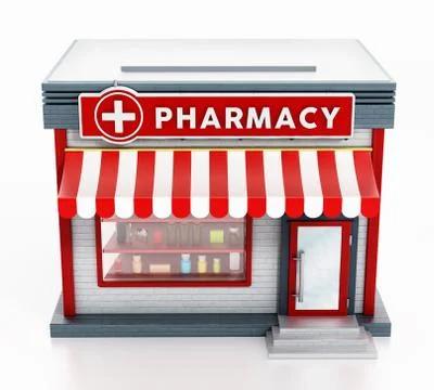 Pharmacy building isolated on white background. 3D illustration Ilustración de archivo