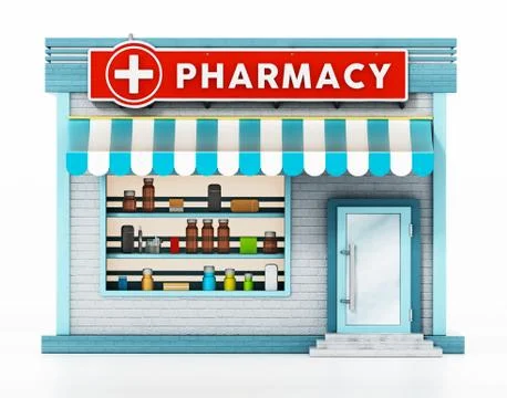 Pharmacy building isolated on white background. 3D illustration Ilustración de archivo