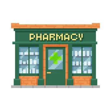 Pharmacy building pixel art, vector cartoon medicine store office, healthcare Ilustración de archivo