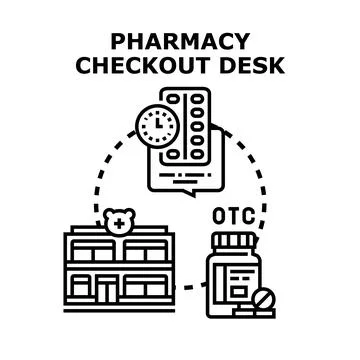 Pharmacy checkout desk processing medicine concept Stock Illustration