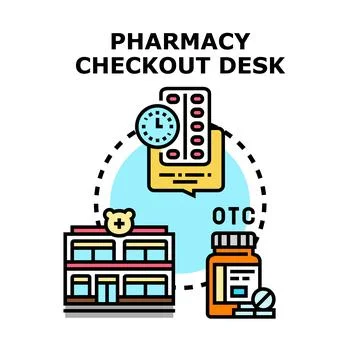 Pharmacy checkout desk processing medicine concept Stock Illustration