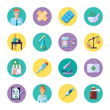 Pharmacy In Circle Icon Set Stock Illustration