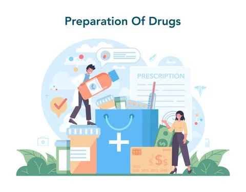 Pharmacy concept. Pharmacist preparing and selling drugs 스톡 일러스트