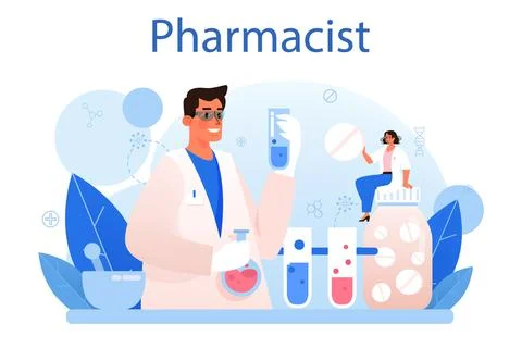 Pharmacy concept. Pharmacist preparing and selling drugs Stock Illustration