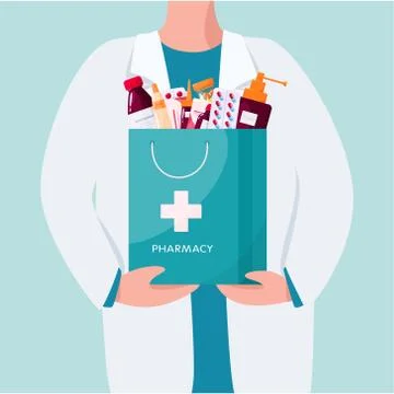 Pharmacy concept. Pharmacist standing and holding a big bag Stock Illustration