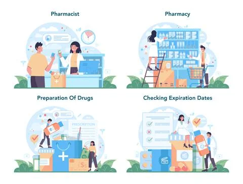Pharmacy concept set. Pharmacist preparing and selling drugs Stock Illustration