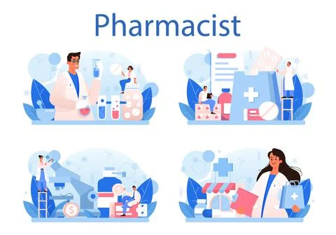 Pharmacy concept set. Pharmacist preparing and selling drugs Stock Illustration