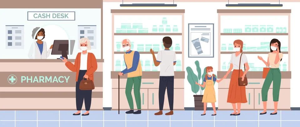 Pharmacy counter queue. People and pharmacist in medical masks waiting for turn イラスト素材