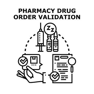 Pharmacy drug order validating process for medication dispensing Stock Illustration