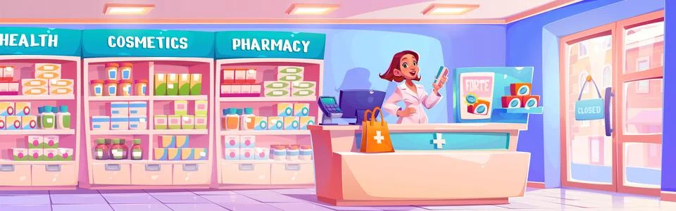 Pharmacy drug store interior vector illustration Stock Illustration