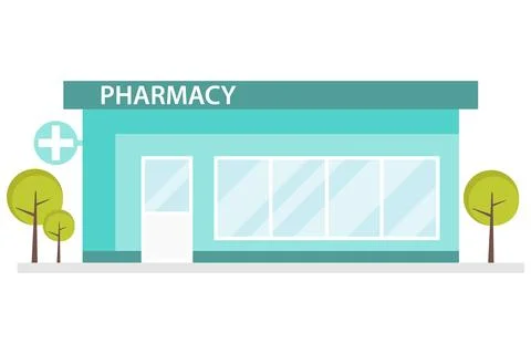 Pharmacy drugstore building facade vector flat illustration green cross Stock Illustration