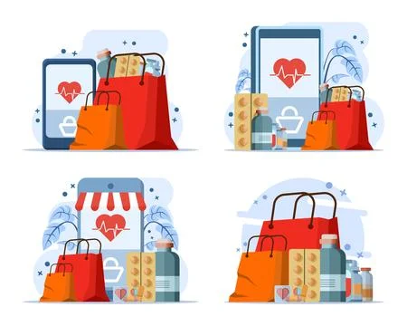 Pharmacy e-commerce illustration set showing online medicine purchases Stock Illustration