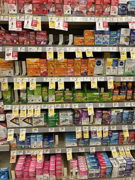 Pharmacy Essentials Kids Medicine Array on Drug Store Shelves Stock Photos