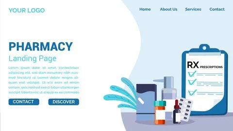 Pharmacy Flat Landing Page template, banner with Drugs on Shelf Stock Illustration