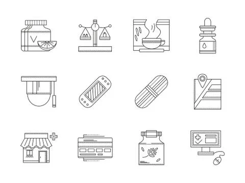 Pharmacy flat line vector icons set Stock Illustration