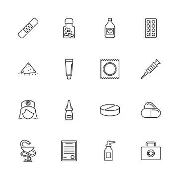 Pharmacy- Flat Vector line Icons Stock Illustration