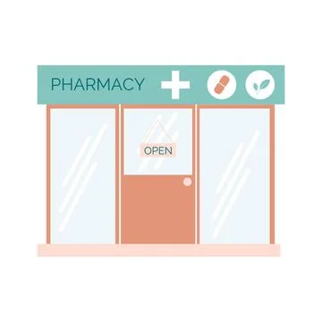 Pharmacy front flat vector illustration. Drugstore isolated on white background Stock Illustration