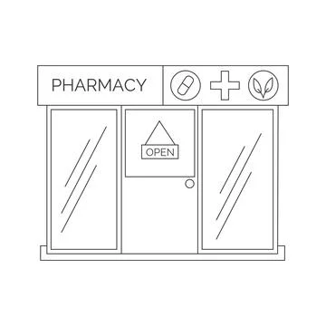 Pharmacy front outline vector illustration. Drugstore isolated on white Stock Illustration