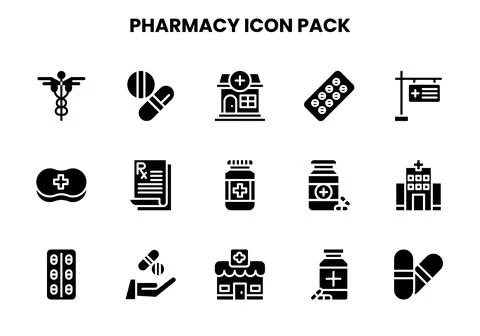 Pharmacy Glyph Vector Icons Pack Stock Illustration