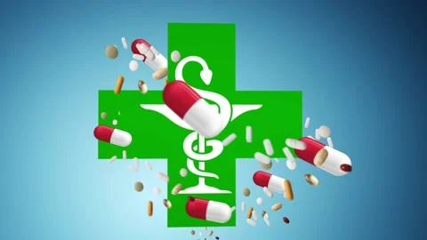 Pharmacy green cross with a snake, tablets and capsules fly around. 스톡 동영상 202199659
