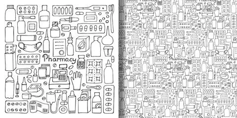 Pharmacy hand drawn doodle set and seamless pattern Stock Illustration