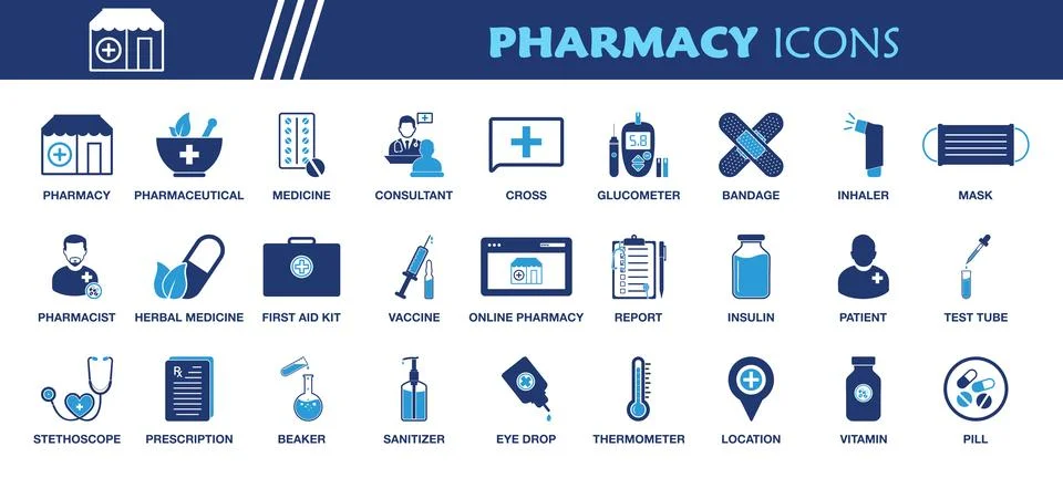 Pharmacy Icon Set. Collection of Pharmaceutical, Pharmacist, Consultant, Cr.. Stock Illustration