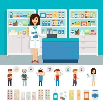 Pharmacy infographic elements and flat banner design. Vector pharmacy drugstore Stock Illustration