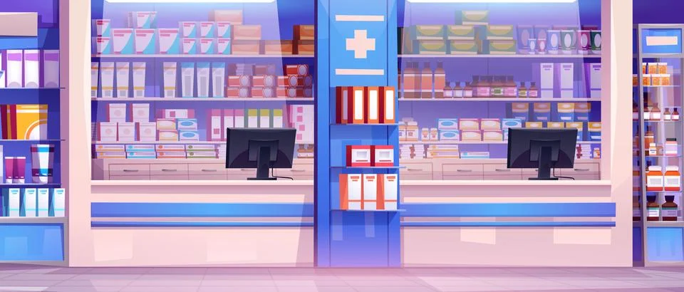 Pharmacy interior cartoon vector Stock Illustration