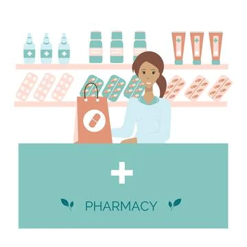 Pharmacy interior with druggist flat vector illustration. Shop with medicines. Stock Illustration
