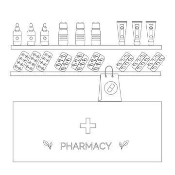 Pharmacy interior with pills, line vector illustration. Shop with medicines. Stock Illustration