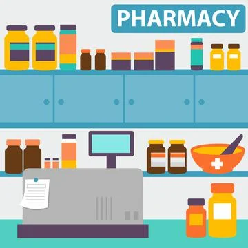 Pharmacy interior. Vector illustration background Stock Illustration