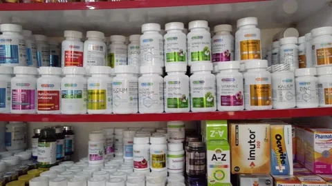 Pharmacy interior. Vitamins in plastic jars and sun protection products are d Stock Footage