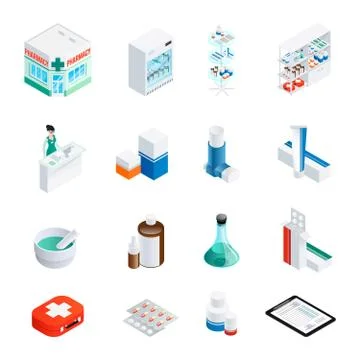 Pharmacy Isometric Icons Set Illustrazione stock
