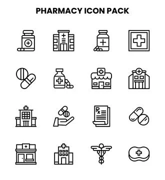Pharmacy Line Set Icons Pack Stock Illustration