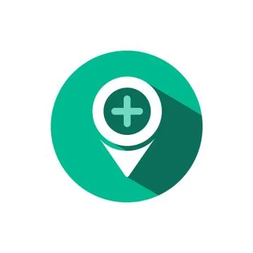 Pharmacy location icon with shadow on a green circle. Vector pharmacy illustr Stock Illustration