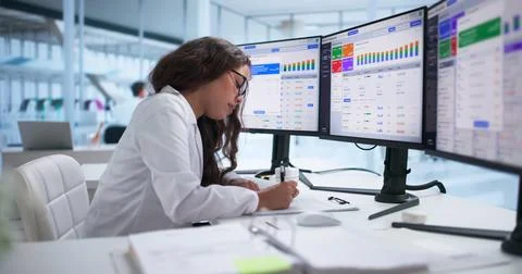 Pharmacy Manager Uses Computer Software To Track Medication Inventory Efficie Stock Photos